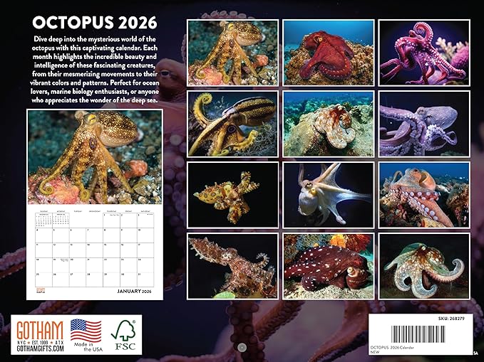 Octopus Calendar 2026 Monthly Wall Calender 12 Month | American Made In The USA