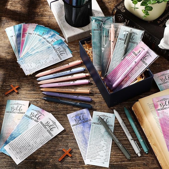 Feifeiya 50 Sets Christian Mothers Day Gifts Bulk Religious Pens Bible Verse Emergency Numbers Bookmarks Scripture Catholic Gifts for Women Men Church Welcome Sunday School(Watercolor,English)