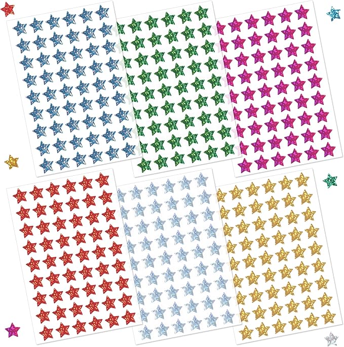 1,620 Holographic Glitter Star Stickers 0.6", 6 Colors Self-Adhesive Mini Stickers for Kids, Classroom, Teacher Supplies, Behavior Charts, Planner, Scrapbooking, Holiday, Party Favors and DIY Crafts