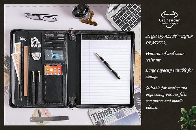 Calfinder Personalized Portfolio for Women&Men, Free Name Engrave,Customized Leather Padfolio with Logo or Name, Business Portfolio with A4 Writing Pad Holder for Resume,Interview