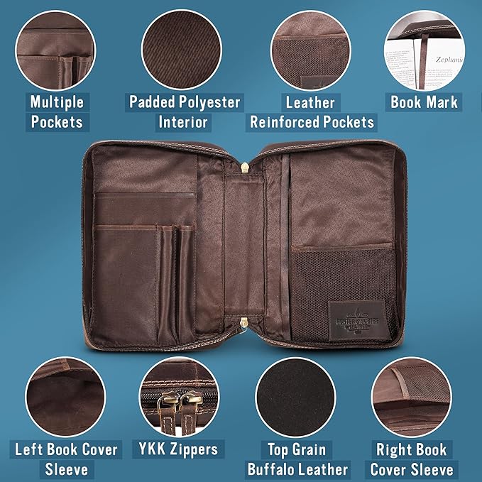 Hunter & Scribe Leather Bible Covers for Men and Women - Top Grain Buffalo Leather - Genuine Leather Bible Cover with Pockets, Zipper, and Bookmark - Bible case - Book Cover - Large Dark Brown