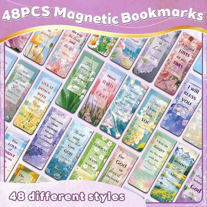 48Magnetic Bookmarks Bible Bookmark Christian Bookmarks Bulk Book Marks for Reading Women Men Adults Kids Book Lovers Gifts, Cute Personalized Religious Magnet Bookmark Clips (Flower)