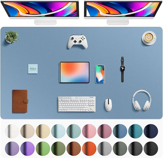 Aothia Faux Leather Desk Mat - Large Mouse Pad, Non-Slip PU Leather Blotter, Waterproof Writing Surface for Office and Home (Denim Blue, 63" x 24")