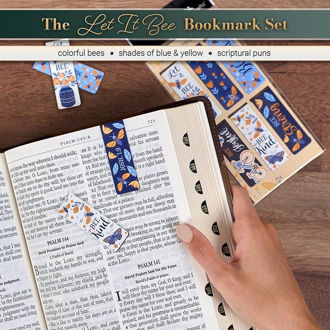 Christian Art Gifts Beloved Magnetic Scripture Bookmark Set with Bible Verse: Let It Bee - Inspirational Magnetic Blue White Gold Bee Themed Pagemarkers Set of 6 for Bibles and Books Size 2.3" x 0.75"