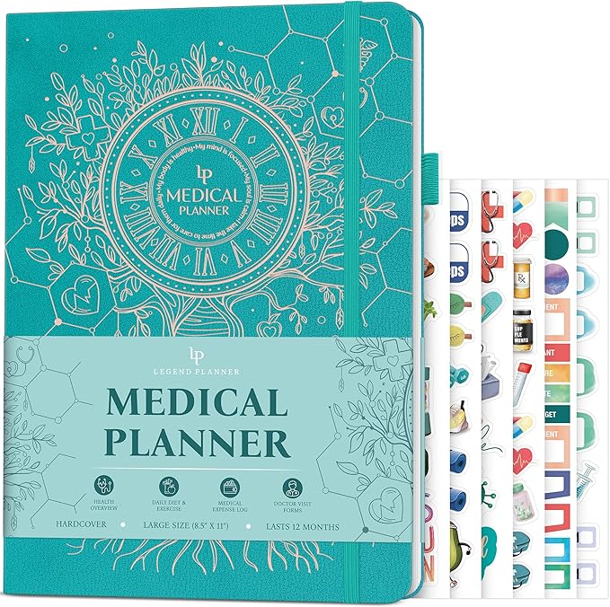 Legend Medical Planner – 12-Month Health Tracker Journal to Track Meals, Symptoms, Blood Pressure, Lab Test Results – Med & Wellness Notebook for Daily Self-Care & Health Goals (Turquoise)