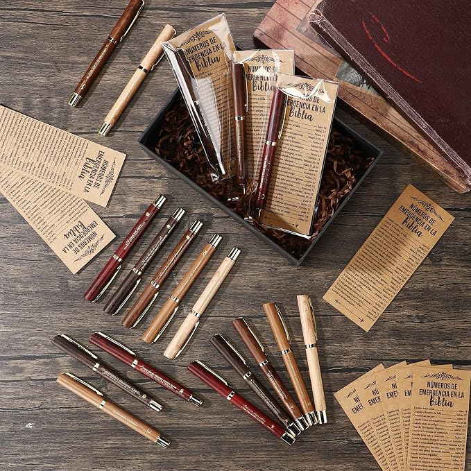 Feifeiya 50 Sets Fathers Day Christian Gifts Bible Bulk Emergency Number Bookmark Scripture Religious Pen for Men Church Welcome Sunday School Favors (Spanish)