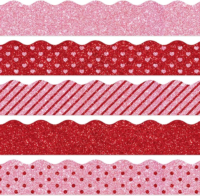 Whaline 69Ft Valentine's Day Glitter Bulletin Board Borders 5 Designs Shine Red Pink Heart Stripe Dot Decoration Trim Bulletin Board Stickers for Romantic School Classroom Office Party Decoration