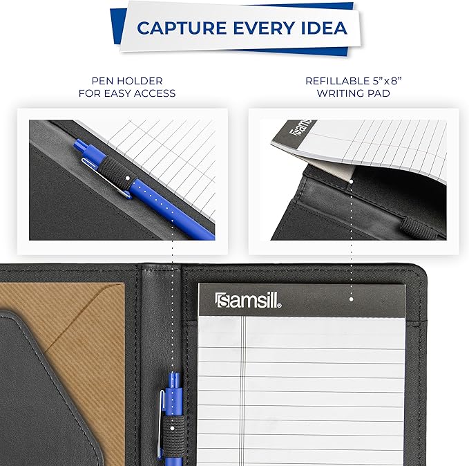 Samsill Contrast Stitch Faux-Leather Portfolio, Mini Size Business Interview Professional Padfolio, Includes 5 x 8 Inch Writing Pad, Black