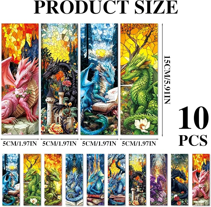 Fantasy Dragon Bookmark Gifts - 10 Pcs Personalized Vintage Stained Glass Bookmarks for Men Women Book Lovers Flower Page Marks School Reading Accessories Bookish Gift for Birthday Christmas