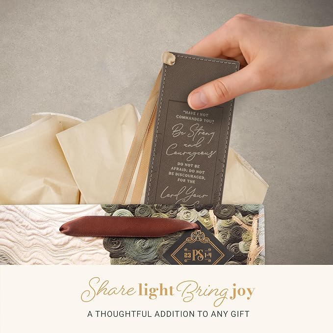Christian Art Gifts Premium Vegan Leather Inspirational Scripture Bookmark for Women: Strong & Courageous Encouraging Bible Verse, Satin Ribbon, Sturdy Debossed Reading Accessory, Brown Floral & Gold