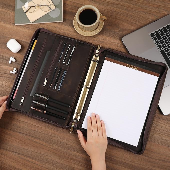Genuine Leather Portfolio, 3 Ring Binder Padfolio, 11"×14" Padfolio Organizer, Professional Business Portfolio Binder for Men and Women