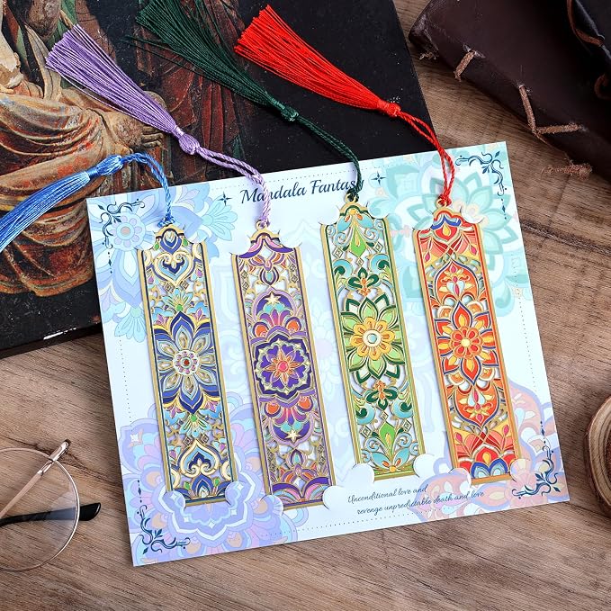 4 PCS Metal Bookmarks with Tassel, Golden Hollow Flower Bookmark Vintage Floral Mandala Theme Book Mark for Women Girls Book Lovers Writers Readers Teens Men