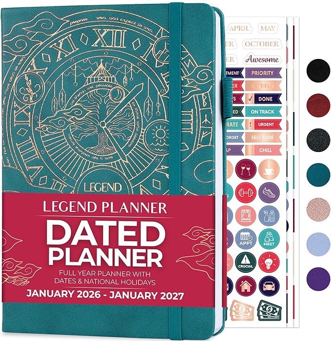 Legend Planner Jan 2026 – Jan 2027 Dated Weekly & Monthly Planner to Hit Your Goals, Increase Productivity & Live Happier. Organizer Notebook & Productivity Journal. A5 Hardcover (Dark Teal)