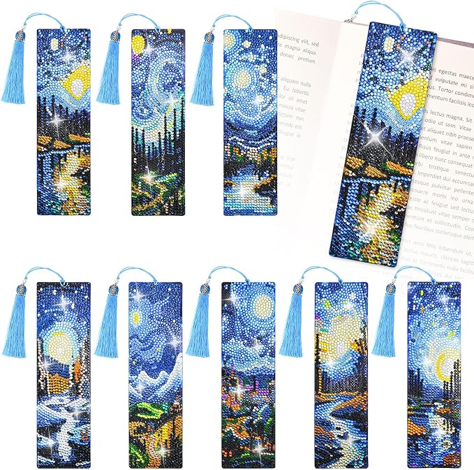 8 Pcs Diamond Painting Bookmark, Leather DIY Book Makers for Adults Book Lovers, Diamond Art Beginners, Small Diamond Art Kits, Paint by Art Crafts Supplies Gift for Girls (Starry Night)