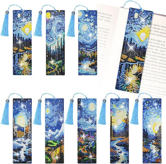 8 Pcs Diamond Painting Bookmark, Leather DIY Book Makers for Adults Book Lovers, Diamond Art Beginners, Small Diamond Art Kits, Paint by Art Crafts Supplies Gift for Girls (Starry Night)