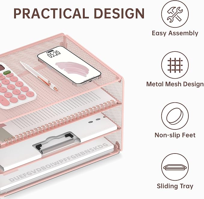 DALTACK 3 Tier Letter Tray Paper Organizer for Desk, Mesh Metal Desk File Organizer with Sliding Trays for Letter/A4 Paper, Mail, Bills & Folders, Pink