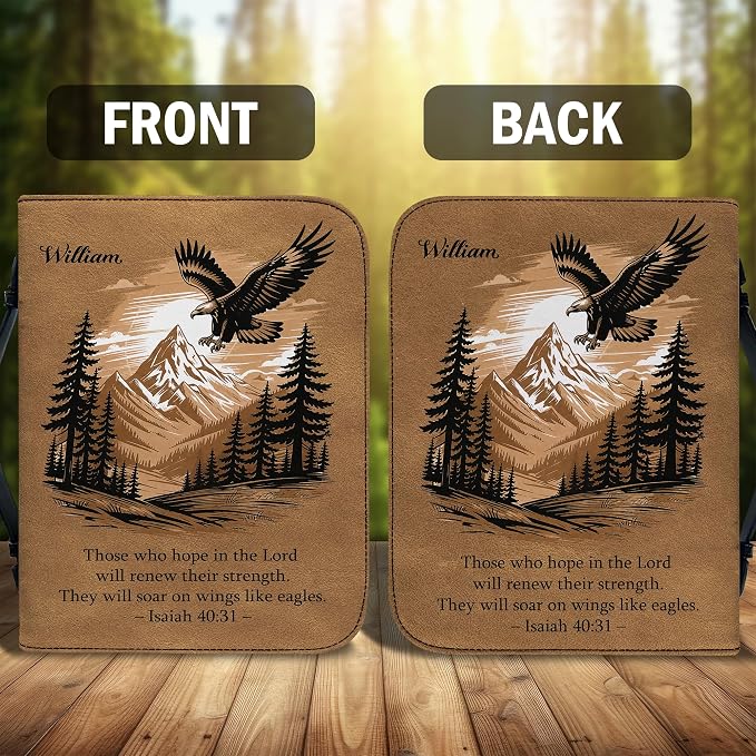 Personalized Man of God Bible Cover for Men, Christian PU Leather Bible Case with Handle Zipper, God Says I Am Warrior Scripture Bible Holder, Religious Gift for Men (Eagle and Bible Verse)