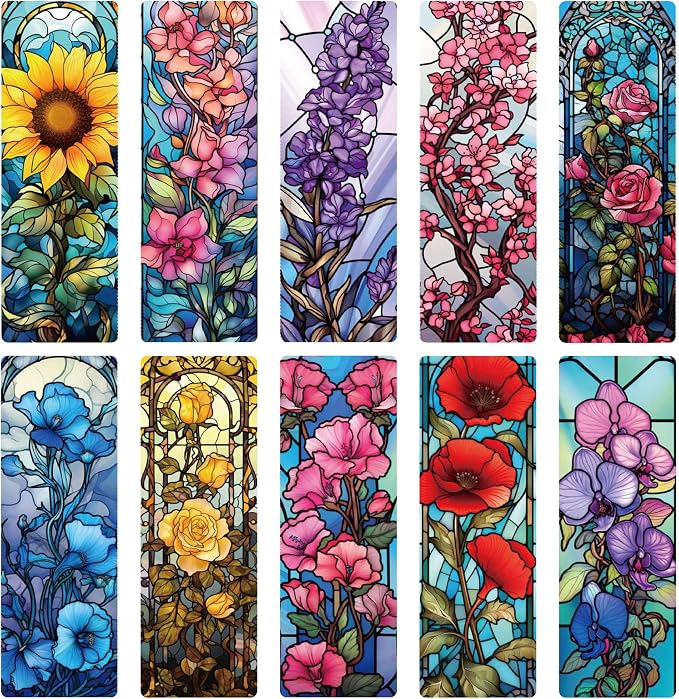 Pretty Flower Bookmark Gifts - 20 Pcs Floral Stained Glass Art Bookmarks for Women Book Lovers Aesthetic Transparent PVC Page Marks School Reading Accessories Bookish Birthday Graduation Gift
