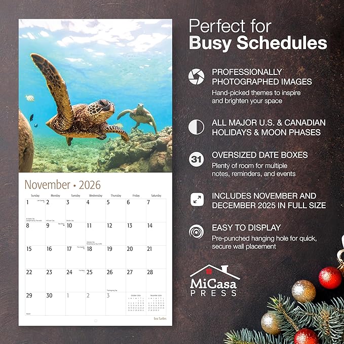 MICASA PRESS Sea Turtles 2026 Wall Calendar 12 Month | 12" x 24" Open | Thick & Sturdy Paper | Giftable | Animal Calendar 2026