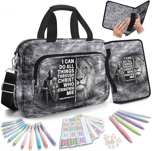 Devout Men's Super Roomy Bible Bag with Cozy Bible Cover, Bible Case, Faith Journaling Kit, Bible Tabs, Adjustable Strap, Pens, Highlighters & Cross Clips for Bible Study, Holy Vibe Peace of Mind