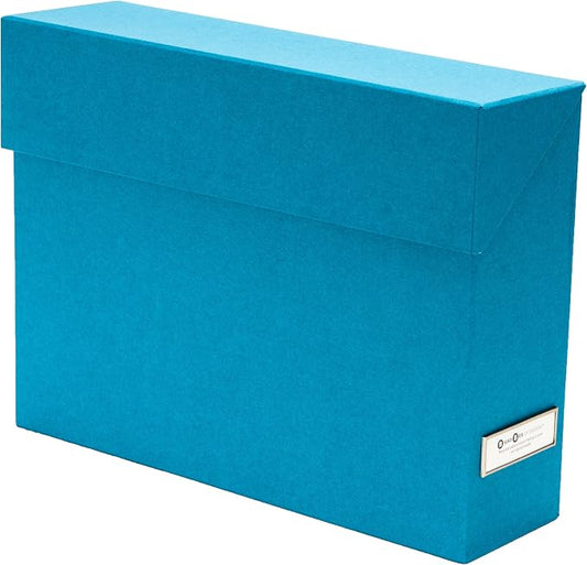 Bigso Lovisa Fiberboard Label Frame 12 File Storage Box | Document Organizer for Important Paperwork | Durable Hanging File Box with a Flip Top Lid & Metal Label Window | 3.7” x 13” x 9.4” | Turquoise