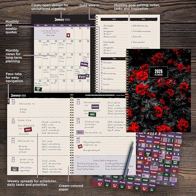 TF Publishing 2026 Red Roses Large Weekly Monthly Planner with 12-Month Calendar Grid, Goals and Task Trackers, Notes Section, and Stickers - Large Planner for School or Work - 9in x 11in