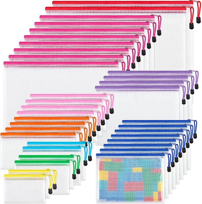 JARLINK 36 Pack 8 Sizes Mesh Pouch, 9 Colors, Waterproof Zipper File Bags Document Multipurpose Travel Bags for Office, School, Board Game, Puzzles, Cosmetics, Travel Accessories, and Home Organize