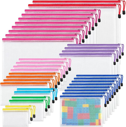 JARLINK 36 Pack 8 Sizes Mesh Pouch, 9 Colors, Waterproof Zipper File Bags Document Multipurpose Travel Bags for Office, School, Board Game, Puzzles, Cosmetics, Travel Accessories, and Home Organize