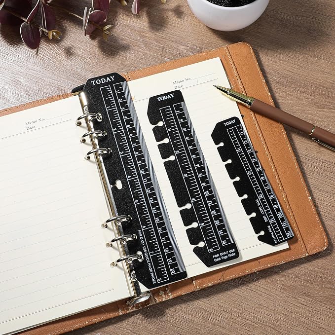 6 Pcs Black/Clear Journal Ruler Page Marker Planner Ruler Spiral Notebook Bookmark A5 6-Binder Rulers with Holes Measuring Tool