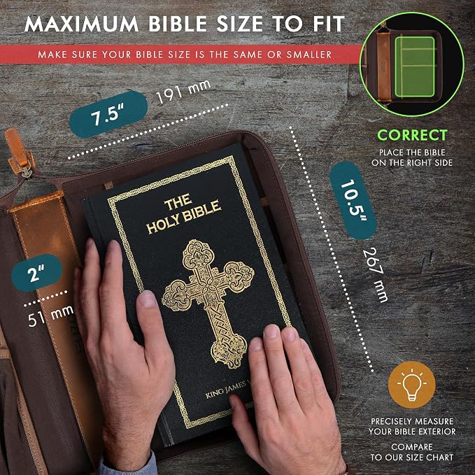 ELIZO Leather Bible Cover Case for Men Women Genuine Leather Bible Bag Holder Cross Large Carrying with Zipper Case Protector Christian Religious Gifts for Mens (Cognac/Tan, Study/Large)