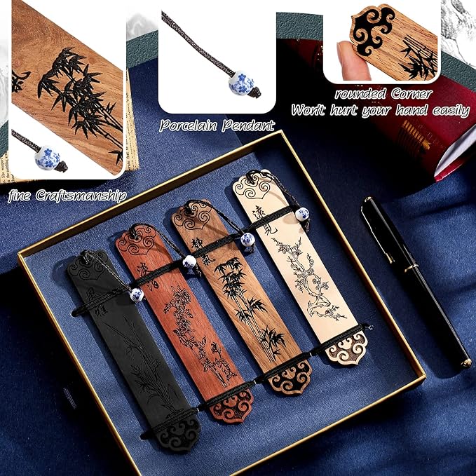 Outus 4 Pieces Wooden Bookmarks for Men Women Employee Father's Day Appreciation Gifts for Men Back to School Gifts Vintage Handmade Natural Carving for Book Lovers Birthday(Vintage Style)