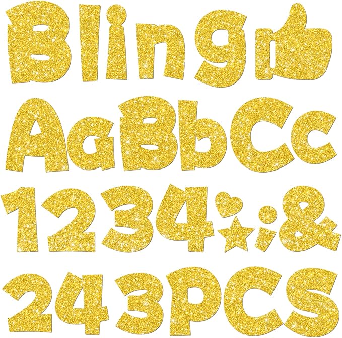 243 Pcs Glitter Bulletin Board Letters Set, 4 Inch Alphabet Poster Board Cardboard Cutouts with Numbers and Punctuation, Classroom School Wall Display Decorations (Yellow)