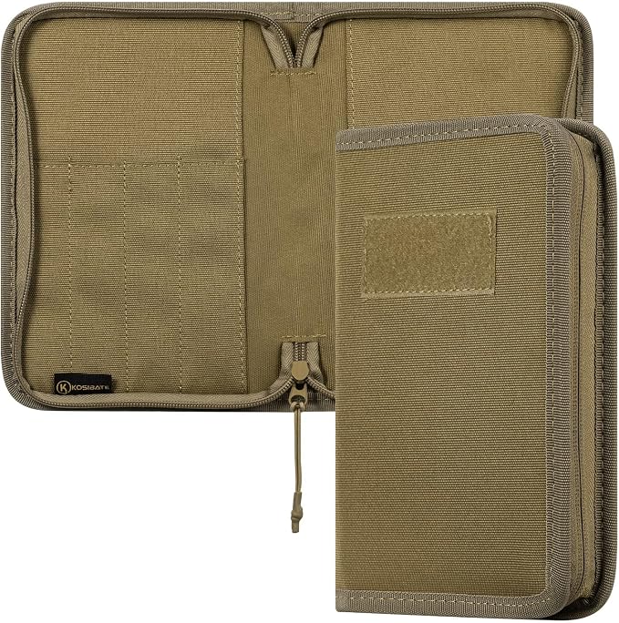 Kosibate Tactical Notebook Cover with Zipper,7.5" x 5" OCP Military Notebook Cover, Detachable Army Field Tactical Portfolio Organizer with Flag Patch, for Protecting Notes, Book(Tan, Cover Only)