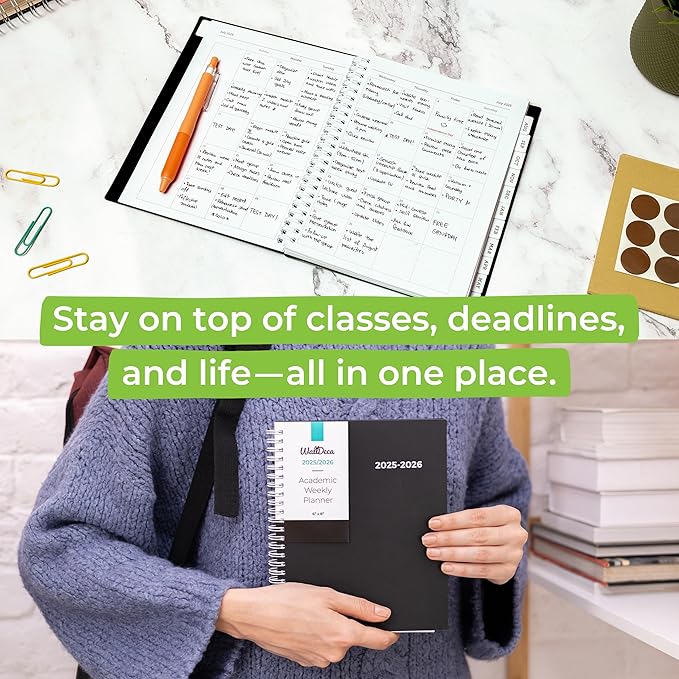 WallDeca Academic Planner 2025-2026, Daily, Weekly & Monthly Planner, July 2025 - June 2026, Student Notes Pages, Twin-Wire Binding Day and Weekly Agenda for School & Work (8 x 6-Inches, Black)