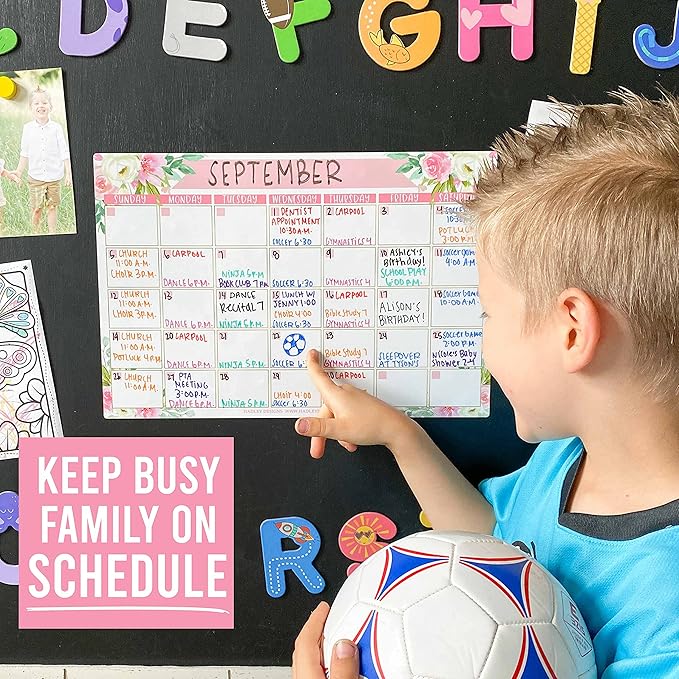 Hadley Designs - Floral Dry Erase Board Calendar for Fridge, Wall - Magnetic Notepad