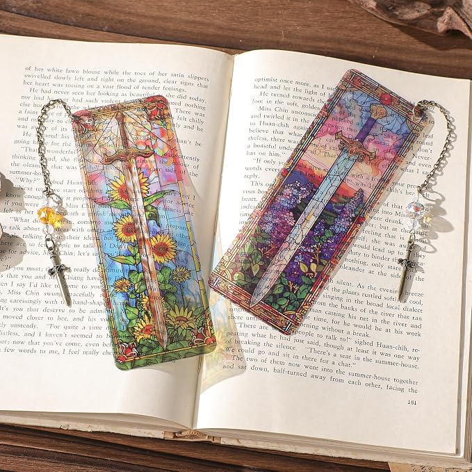Fantasy Sword Bookmark Gifts - 4 Pcs Unique Stained Glass Bookmarks for Women Men Book Lovers Tassels Beaded Page Marks with Flower Reading Accessories Bookish Gift for Birthday Back to School
