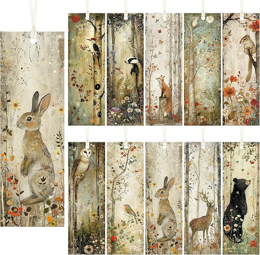 Forest Animals Bookmarks, 100 Pcs Double-Sided Bulk Paper Book Marks with 4mm Hole & Strings, Nature Illustration Reading Accessories for Women and Book Lovers