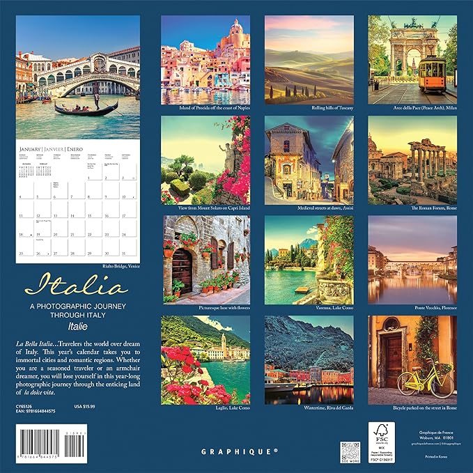 Graphique 2026 Italia Wall Calendar | 12” x 12” | Thick Paper | Home & Office Organizer | Large Monthly Grid | 3 Languages & Marked Holidays | 4 Month Preview Page for 2027