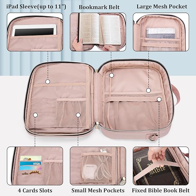 Teamoy Large Bible Cover, Women Bible Carrying Case Church Bag with Straps and Pens Holder, Bible Study Religious Supplies Tote Bag, Pink Quilted