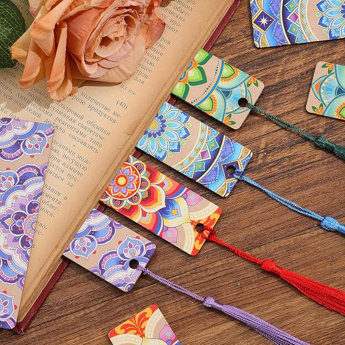 4 PCS Luxury Wooden Bookmarks with Tassel, Mandala Vintage Wood Bookmark, Flower Book Marks Gift for Women Reading Book Lovers Writers Readers Teens Girl Men Adults