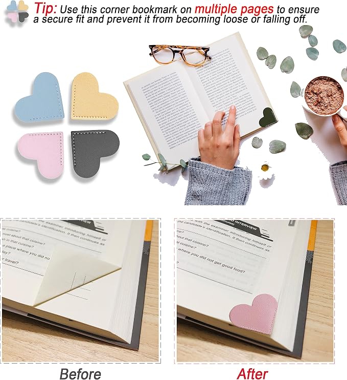 6pcs Leather Bookmarks for Women with Heart Shape, Cute Corner Bookmark, Book Accessories for Reading Lovers, Book Markers for Women, Bookmarks for Book Lovers by HNQCPCVU (Heart)