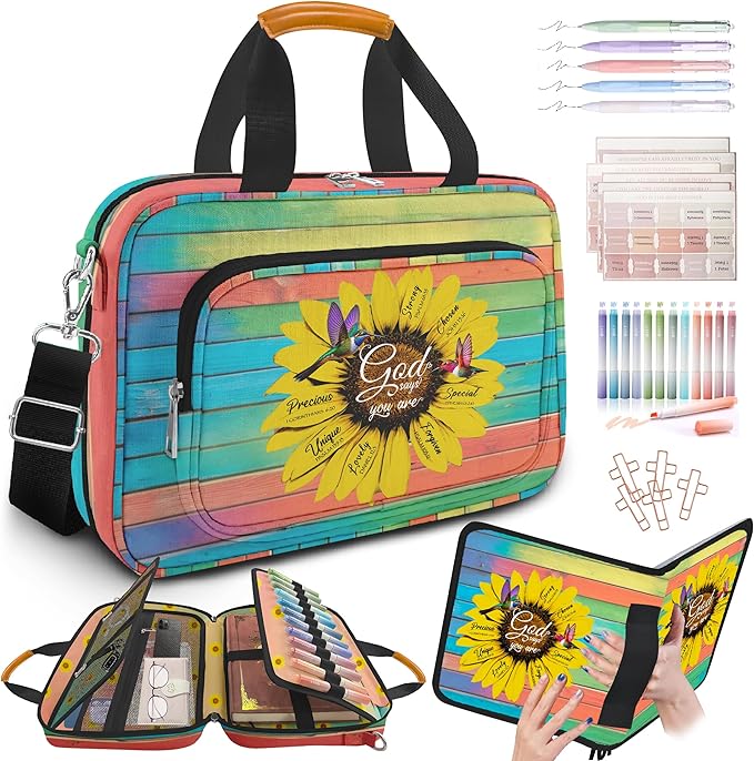 Bible Case for Women,Large Bible Cover,Bible Carrier,Bible Bag for Women Organizer,Sunflower Hummingbird Bible Holder,God Says You Are,Bible Study Supplie Kit With Highlighters,Tabs,Pen,Christian Gift