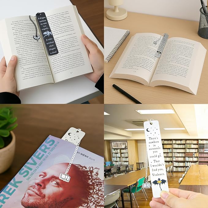Dragon Metal Bookmarks – Set of 2 Engraved Fantasy Bookmark with Charms, Cool Bookmarks for Women and Men, Bookish Quotes Gifts for Readers, Magical Academy Book Accessories (Style 1)