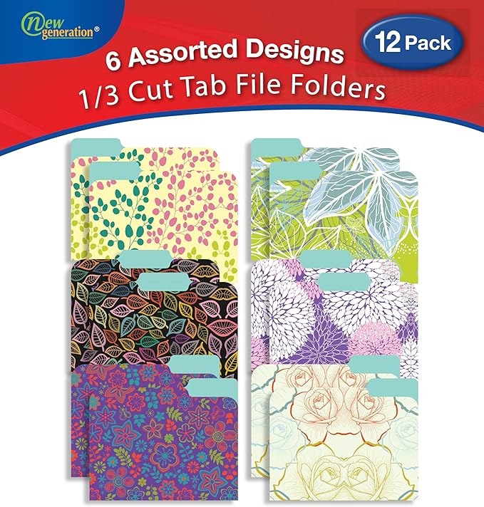 New Generation - 12 Pack Decorative 1/3 Cut Tab File Folders with Patterns Designs, Heavyweight, Letter Size (9.5" x 11.5") Laminated, Fashion Folders, for Home or Office. (Floral)