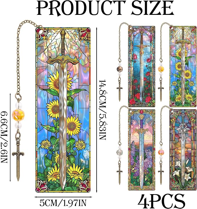 Fantasy Sword Bookmark Gifts - 4 Pcs Unique Stained Glass Bookmarks for Women Men Book Lovers Tassels Beaded Page Marks with Flower Reading Accessories Bookish Gift for Birthday Back to School