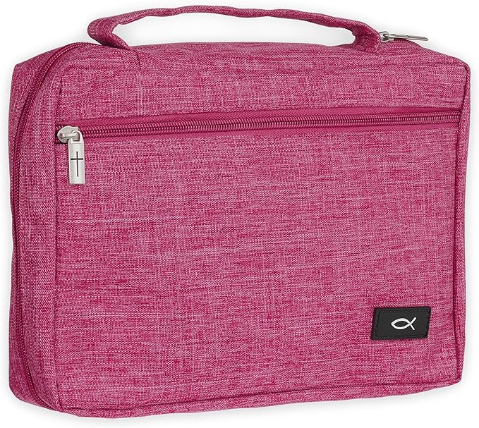 Christian Art Gifts Polyester Bible Cover for Men & Women w/Jesus Fish Patch, Secure Zipper Pocket, Pen Loops, Easy Carry Book Case for Stationery, Accessories, Pink, Medium