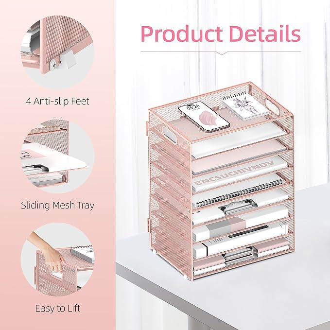 DALTACK 9-Tier Paper Organizer for Desk, Mesh Letter Tray Desk Organizer with Handles, Space-Saving File Organizer for Office Home School, Pink 2 Pack