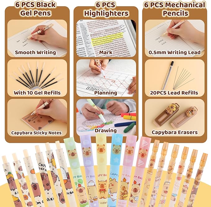 Capybara Gifts Box, Cute Capybara Toy for Girls Kids for Back to School, Birthday, Christmas Gifts with Pencil case, Highlighters, Gel Pens, Pencils, Erasers, Stickers, Sticky Notes, Fuzzy Pendant