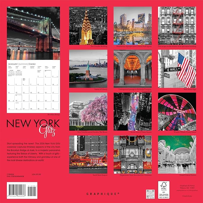 Graphique 2026 New York Glitz Wall Calendar | 12” x 12” | Thick Paper | Home & Office Organizer | Large Monthly Grid | 3 Languages & Marked Holidays | 4 Month Preview Page for 2027