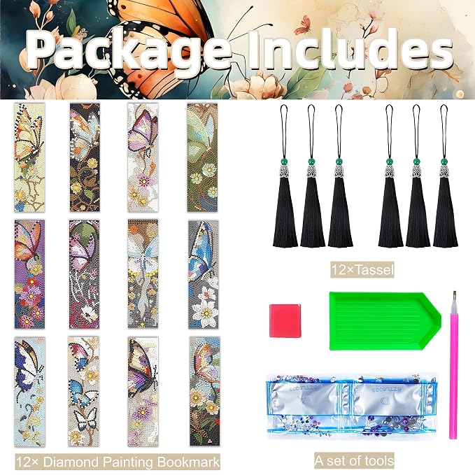 12 Pcs Butterfly Diamond Painting Bookmarks,Diamond Art Bookmarks with Tassel, Diamond Art Painting Kits for Beginners Adults DIY Art Craft Gifts Book Decors